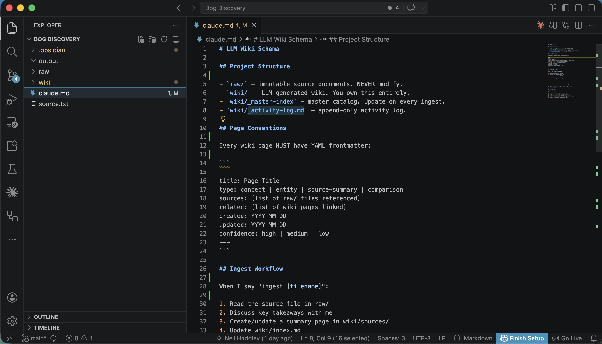 I set up the CLAUDE.md file defining the wiki schema — project structure, YAML frontmatter conventions, and the ingest workflow