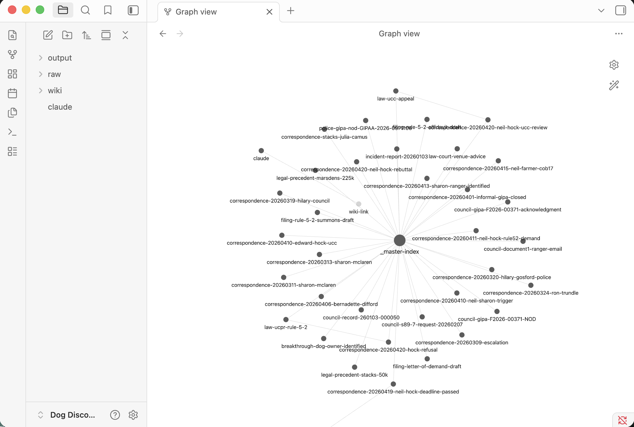 I opened the Obsidian graph view showing the knowledge base with all the interconnected wiki pages and source documents