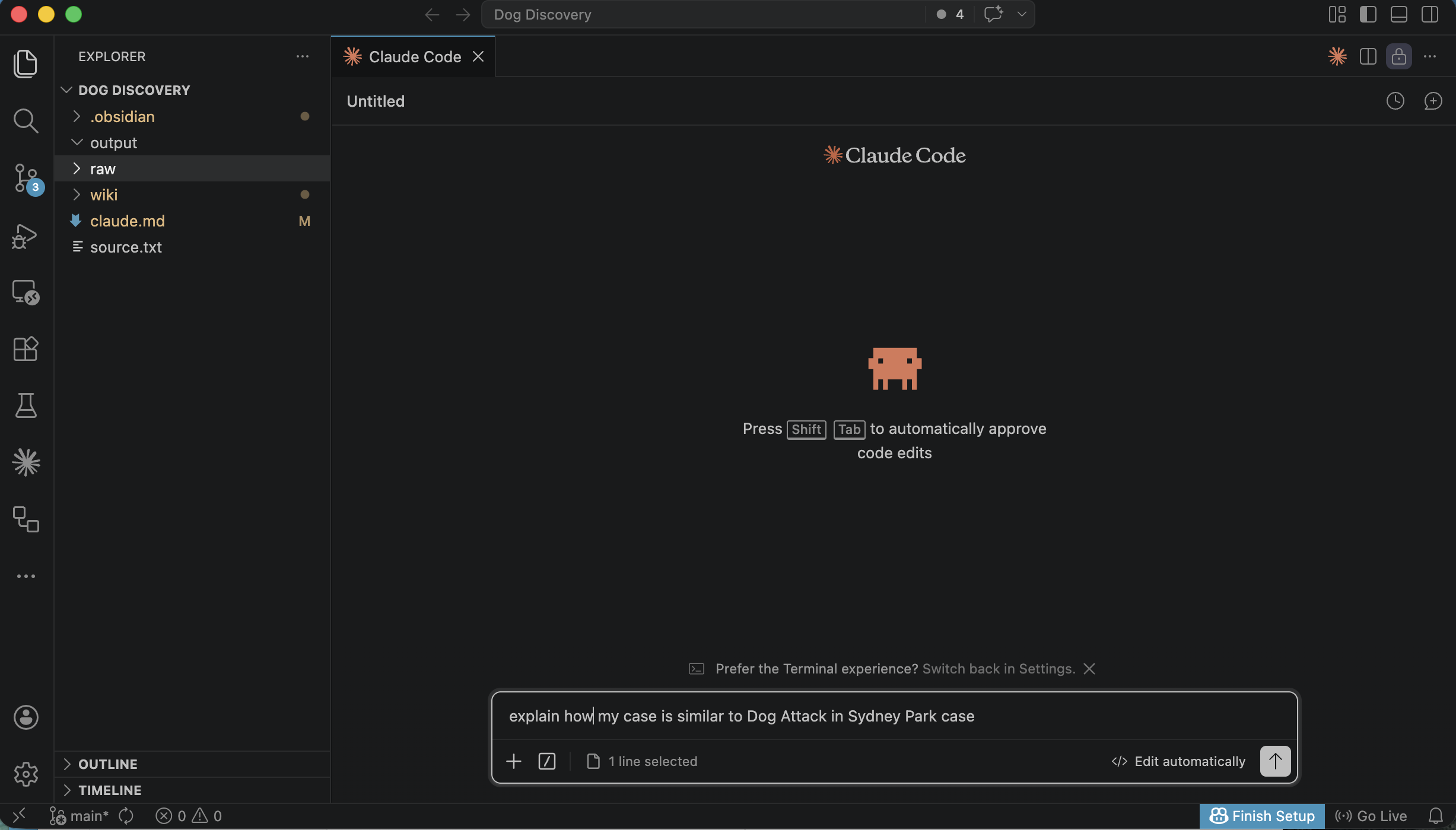 I asked Claude Code to compare my case to a similar Dog Attack case I had ingested into the wiki