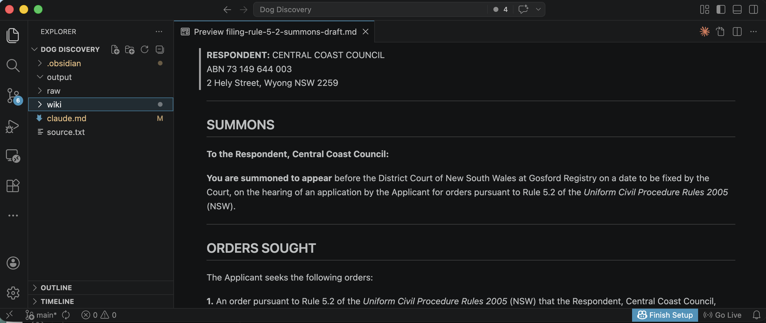 The completed summons addressed to Central Coast Council, citing Rule 5.2 of the Uniform Civil Procedure Rules 2005