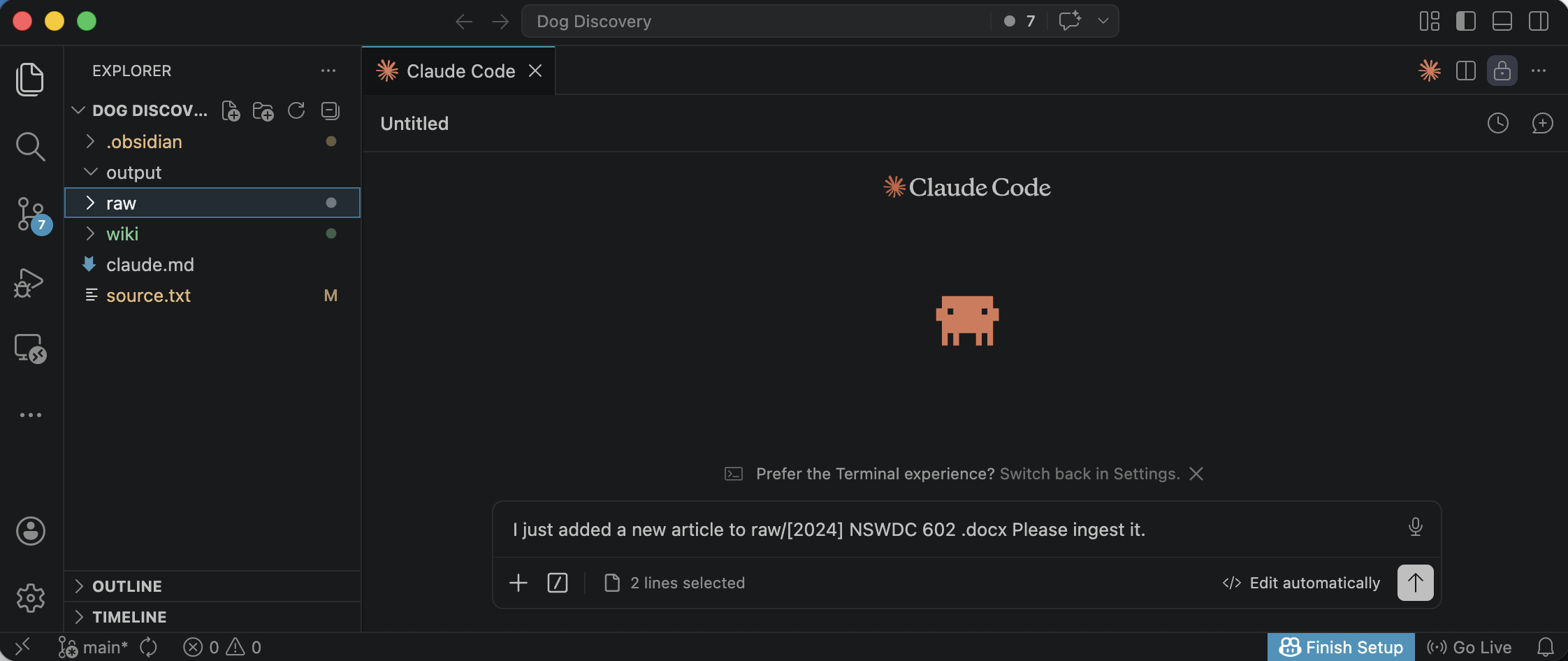 I typed the ingest prompt into Claude Code, asking it to process the newly added NSWDC 602 article