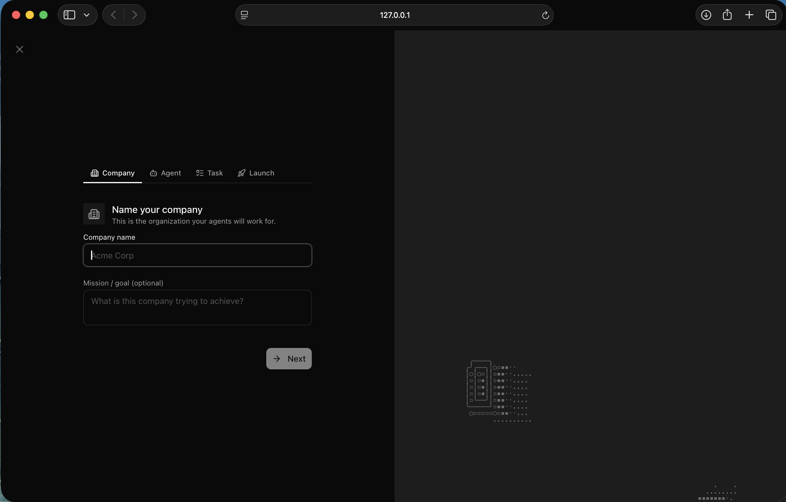 I saw the company setup screen — the first step in the wizard