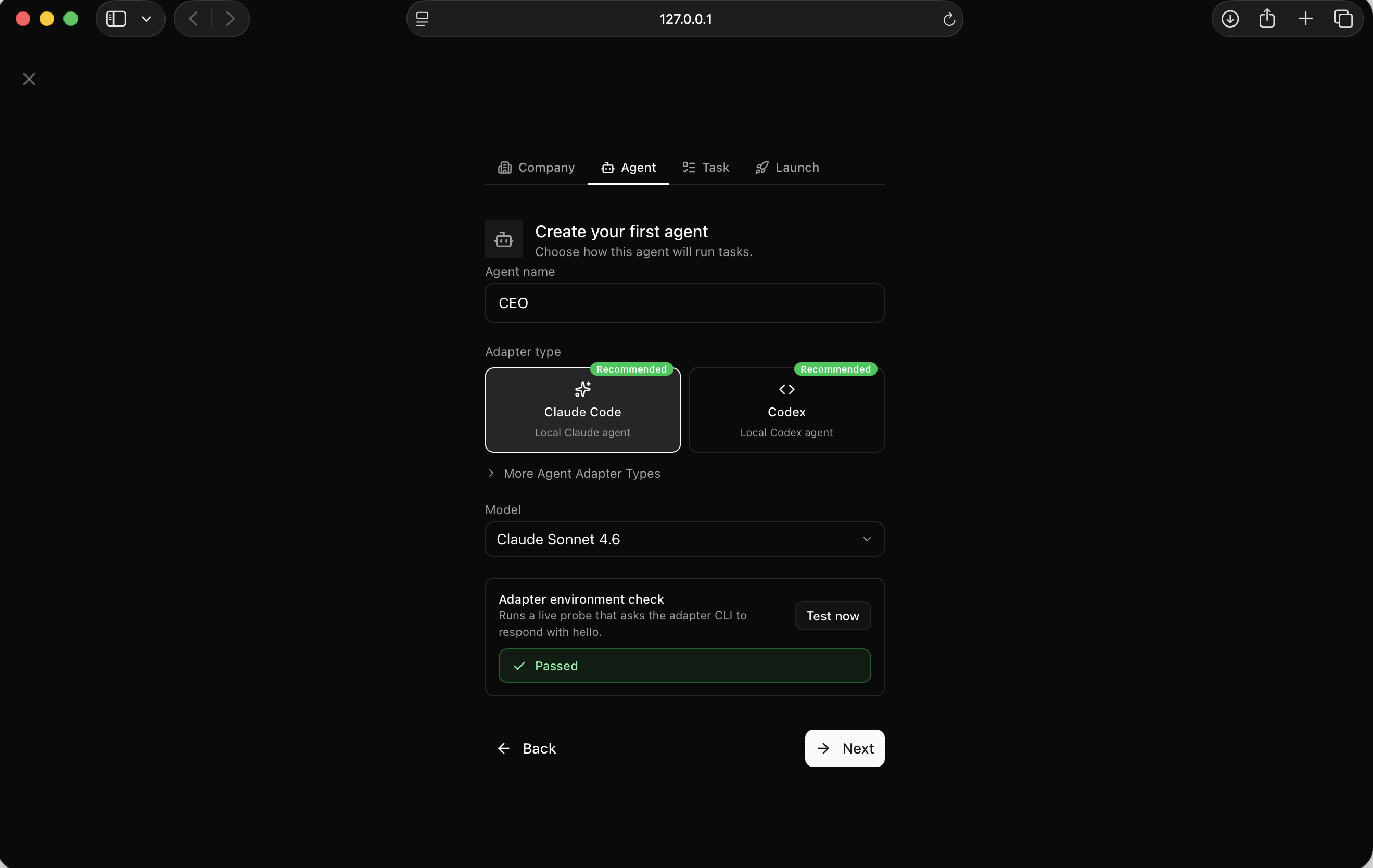 I set up the CEO agent using the Claude Code adapter — it passed the environment check