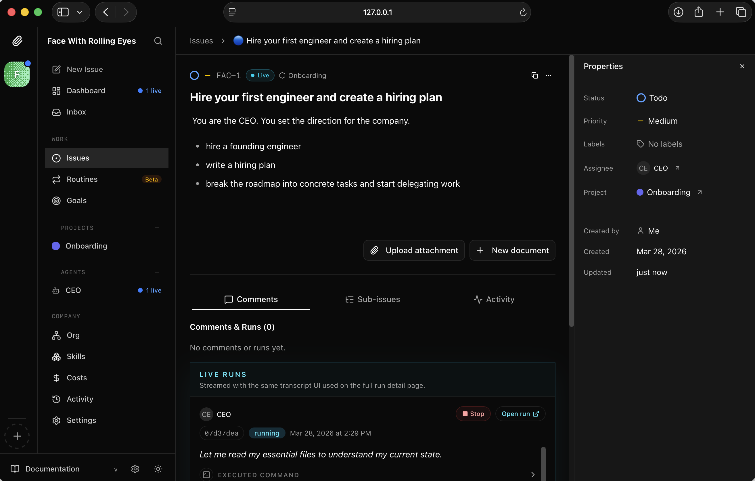 I watched the issue FAC-1 open and the CEO agent begin running