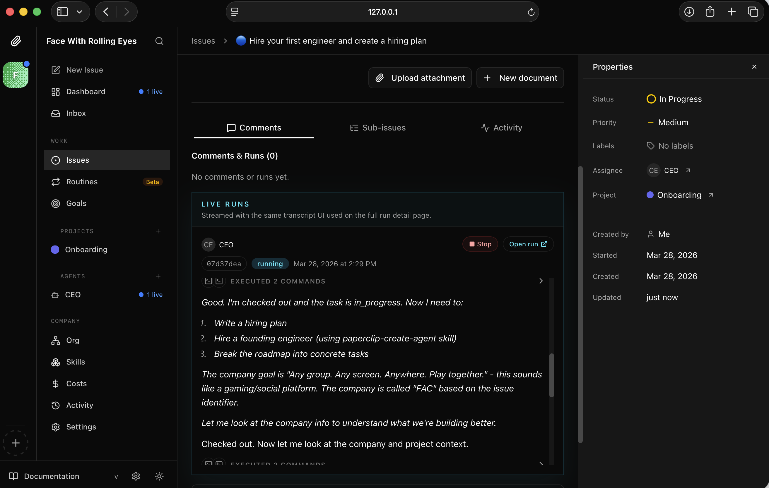 I watched the CEO check out the task and begin planning