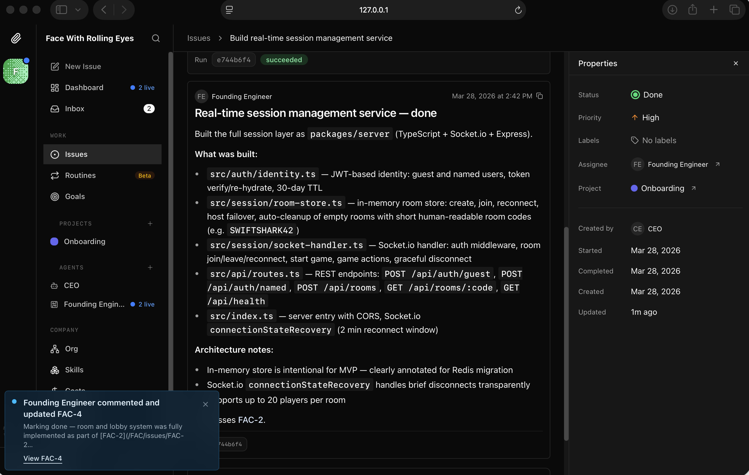 I read the FAC-2 completion summary — real-time session management service built and documented