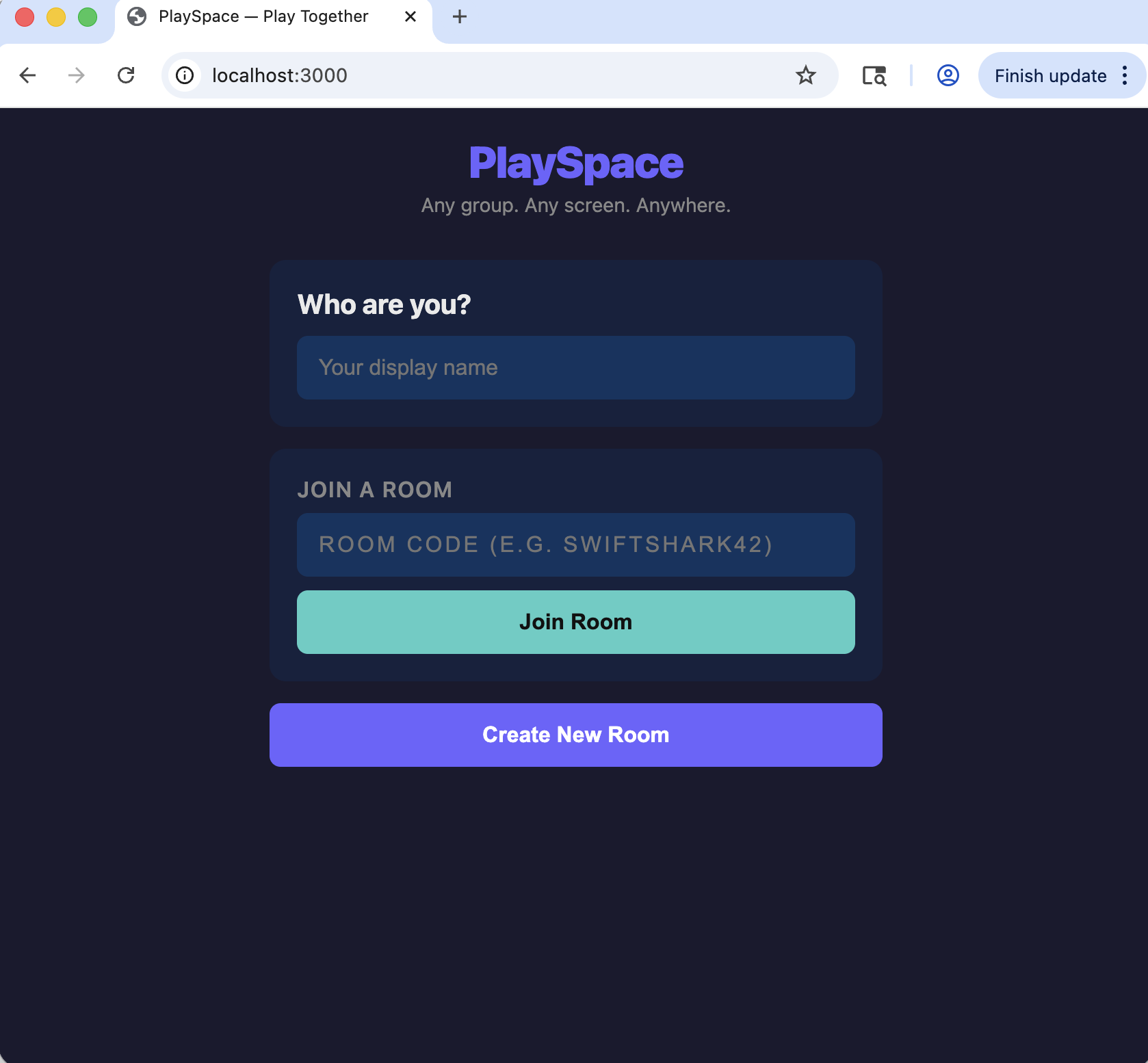 I saw the PlaySpace app running in the browser — "Who are you?" and room controls
