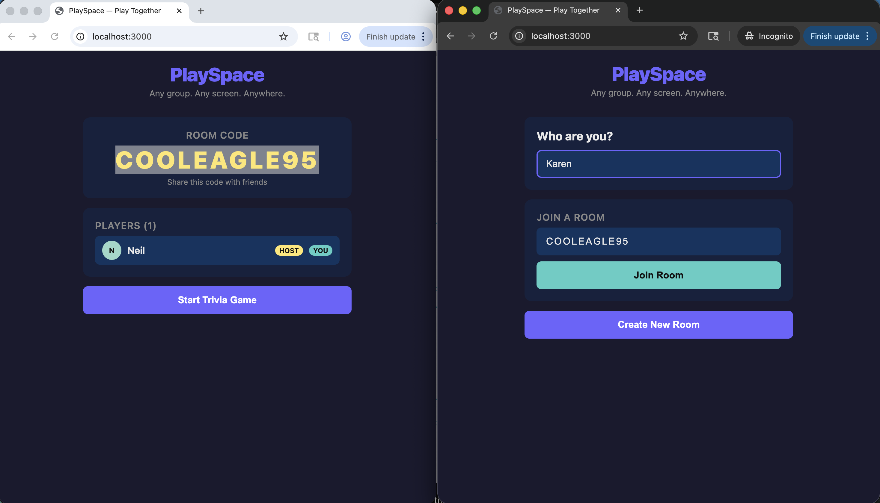 I created a room as Neil, and Karen joined from a second browser window
