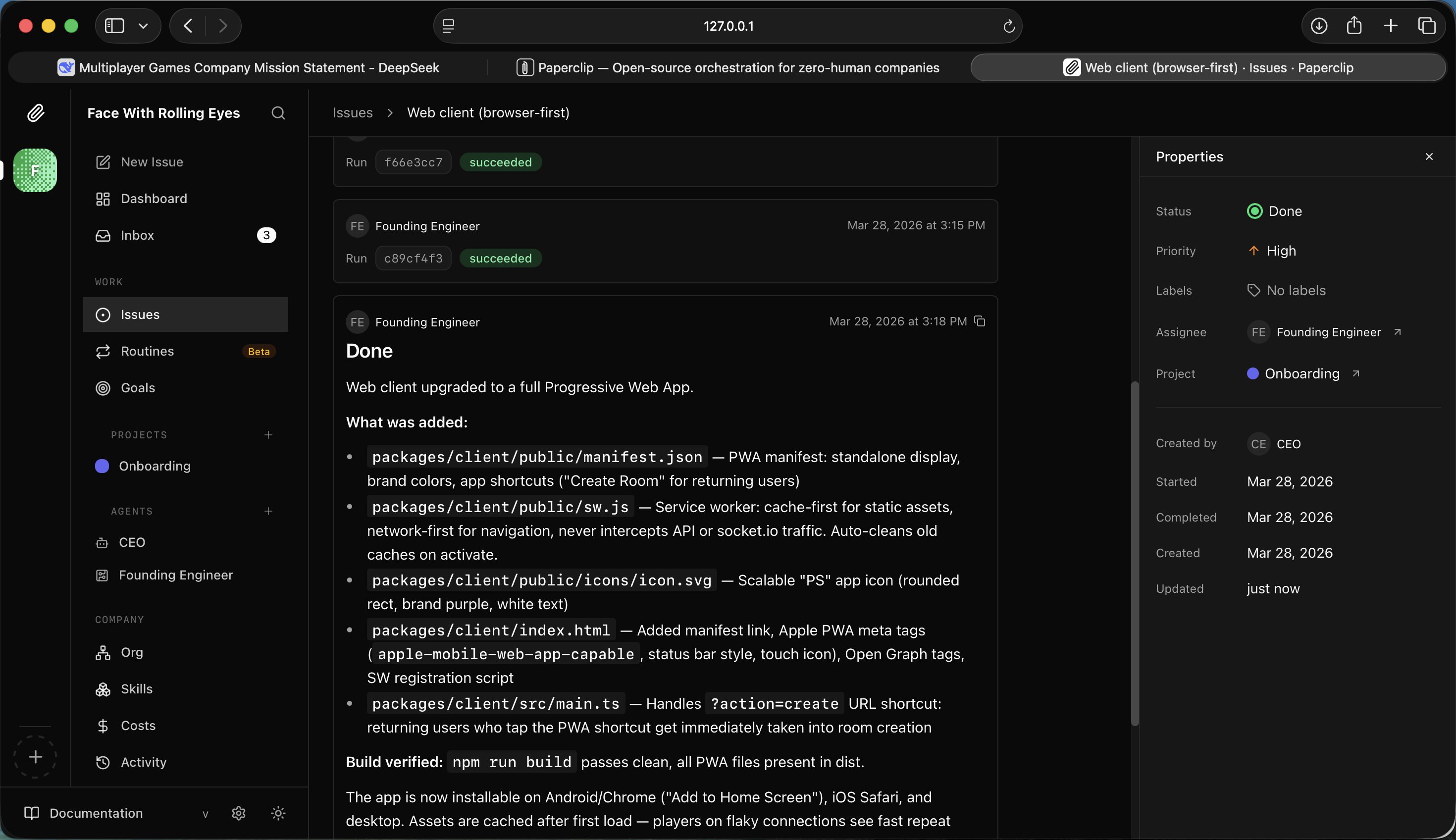 I checked the CEO dashboard — most issues done, a few remaining