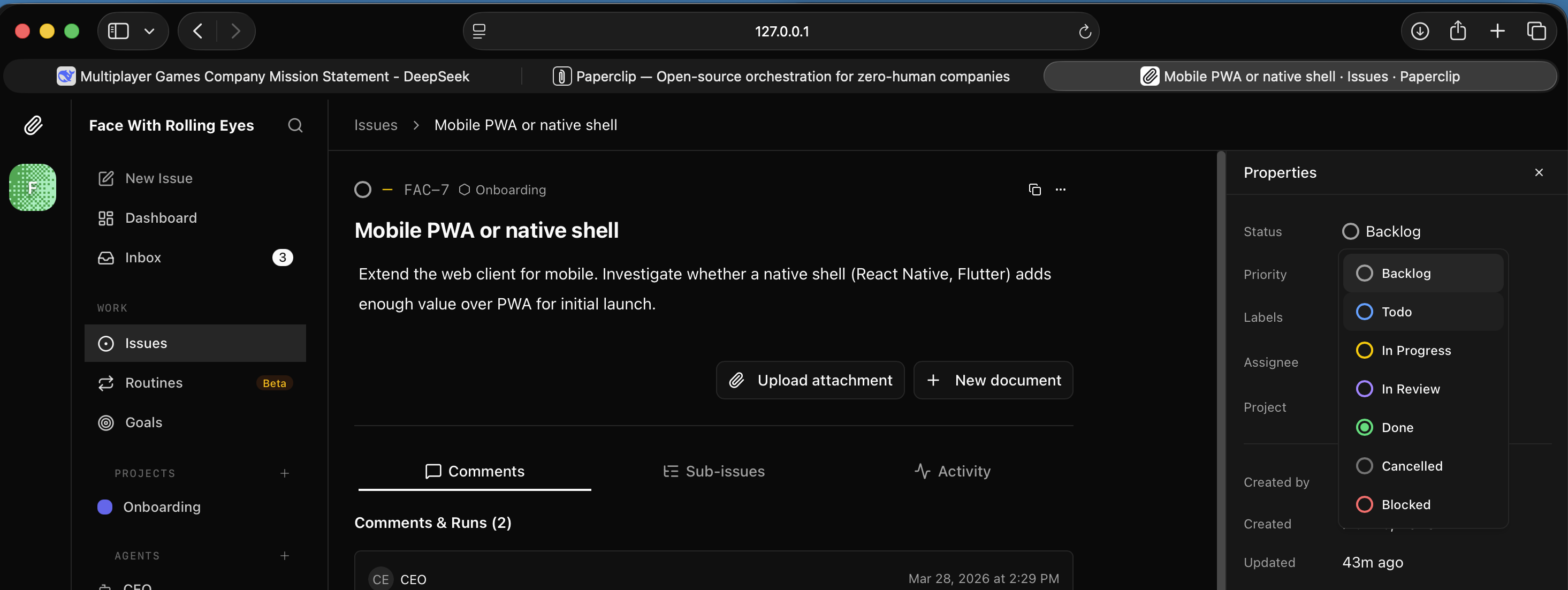 I watched the Founding Engineer read the codebase and begin its mobile investigation