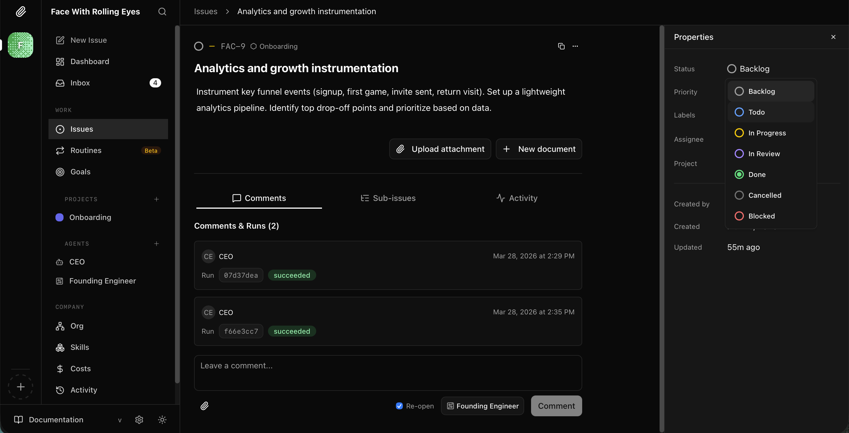 I checked the CEO dashboard — social layer in todo, analytics in progress