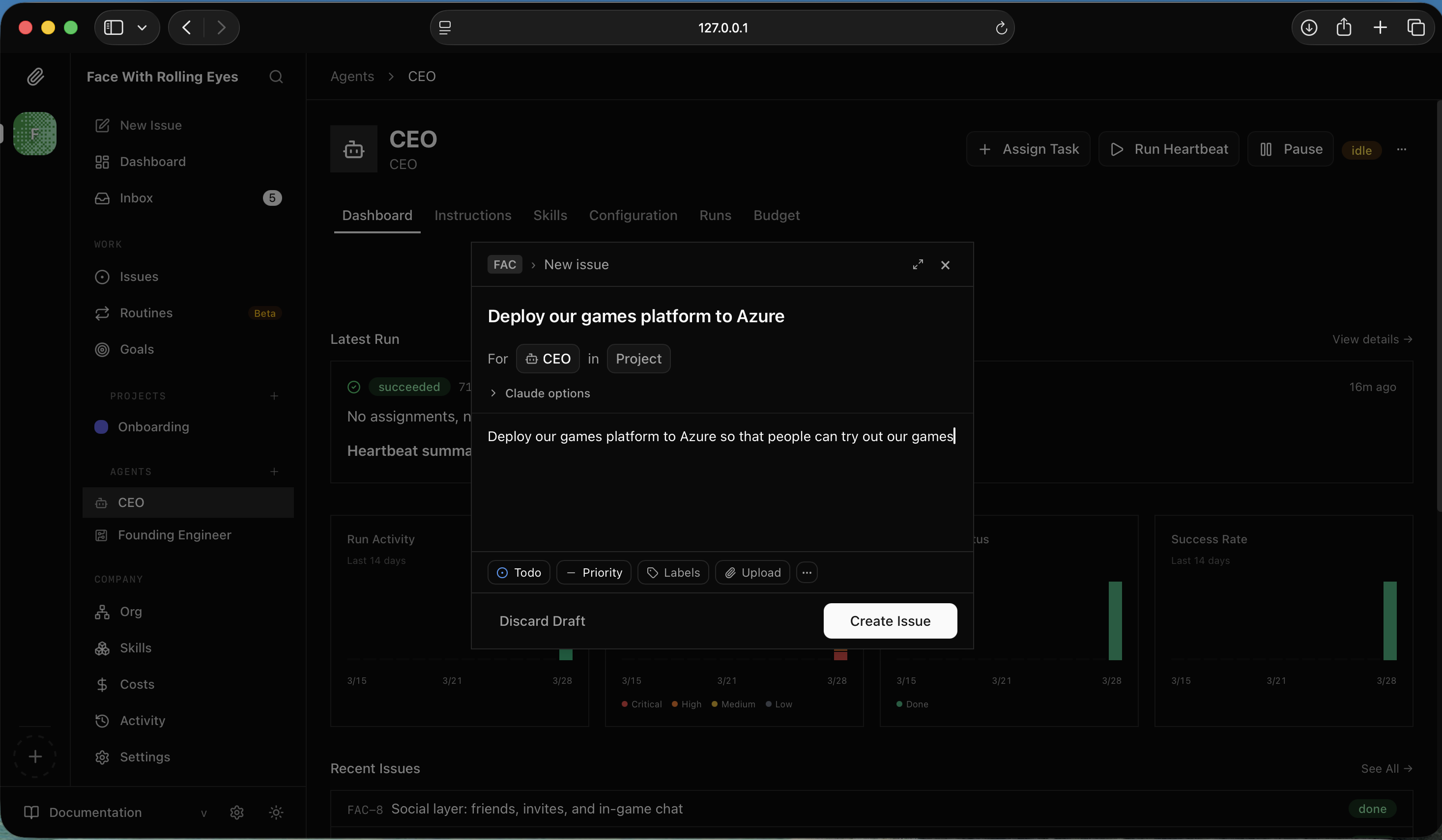 I created a new issue — "Deploy our games platform to Azure"