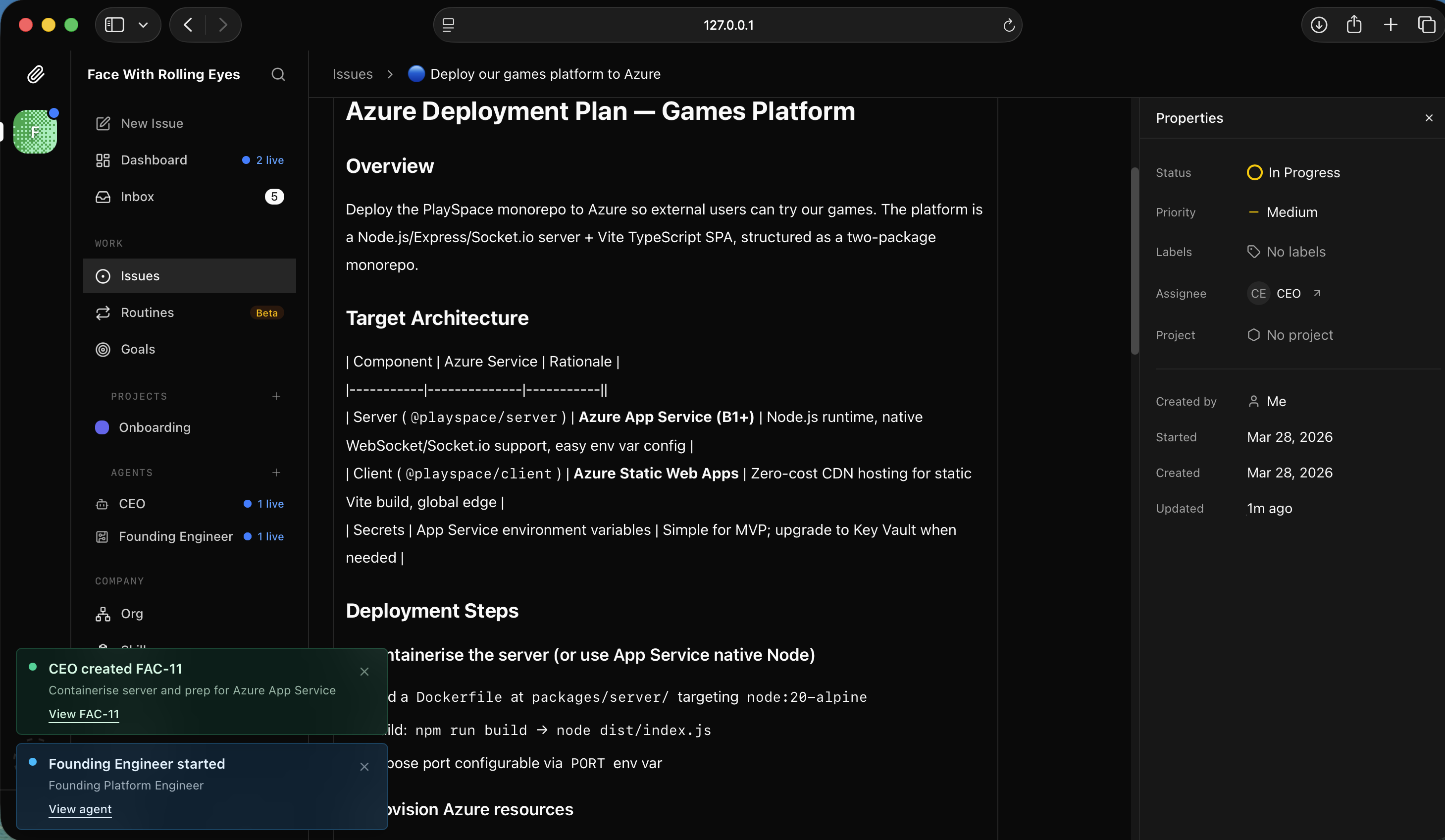 I read the Azure Deployment Plan — App Service for the API, Static Web Apps for the client
