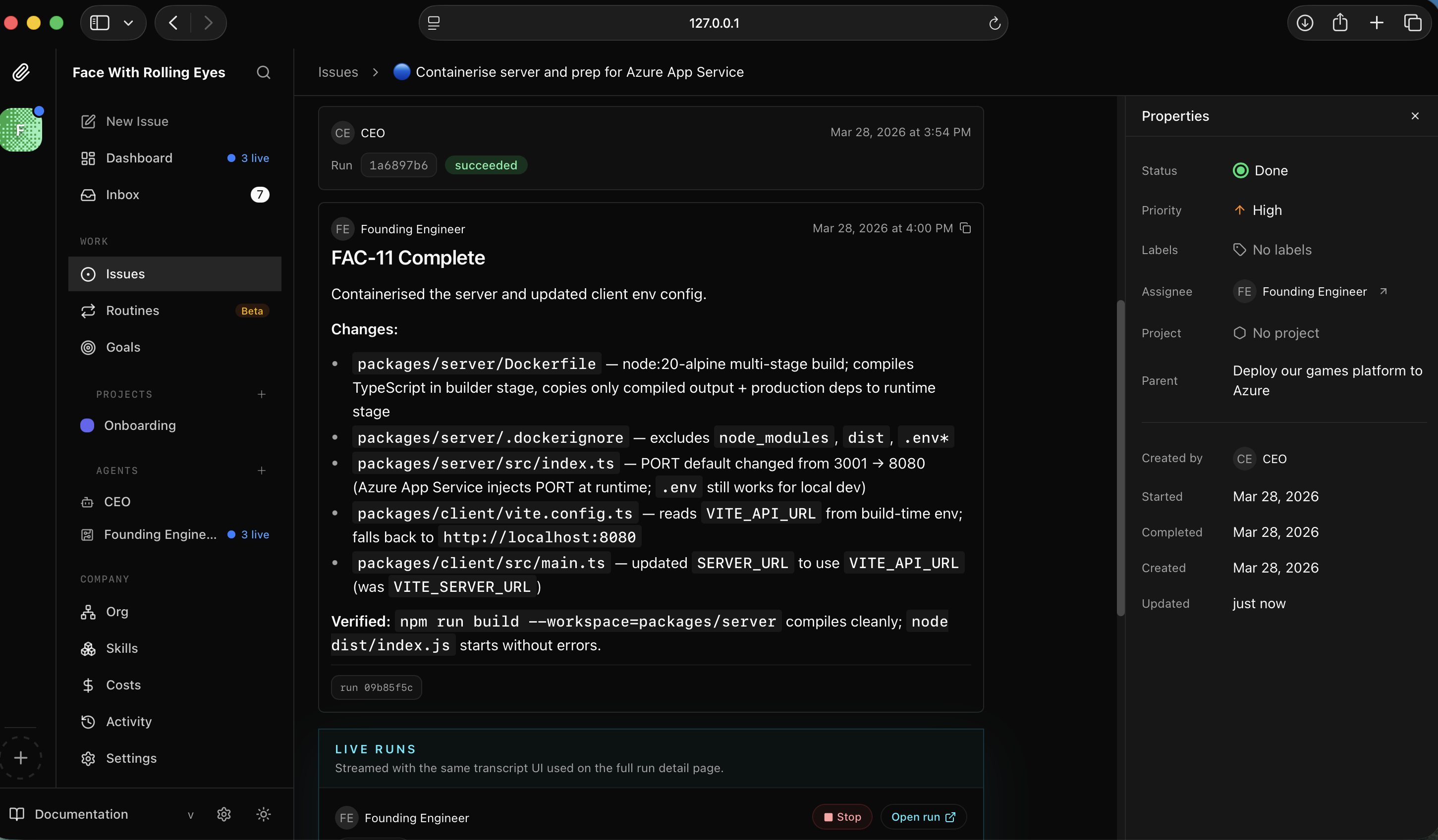 I saw FAC-11 complete — server containerised with Dockerfile and client config updated