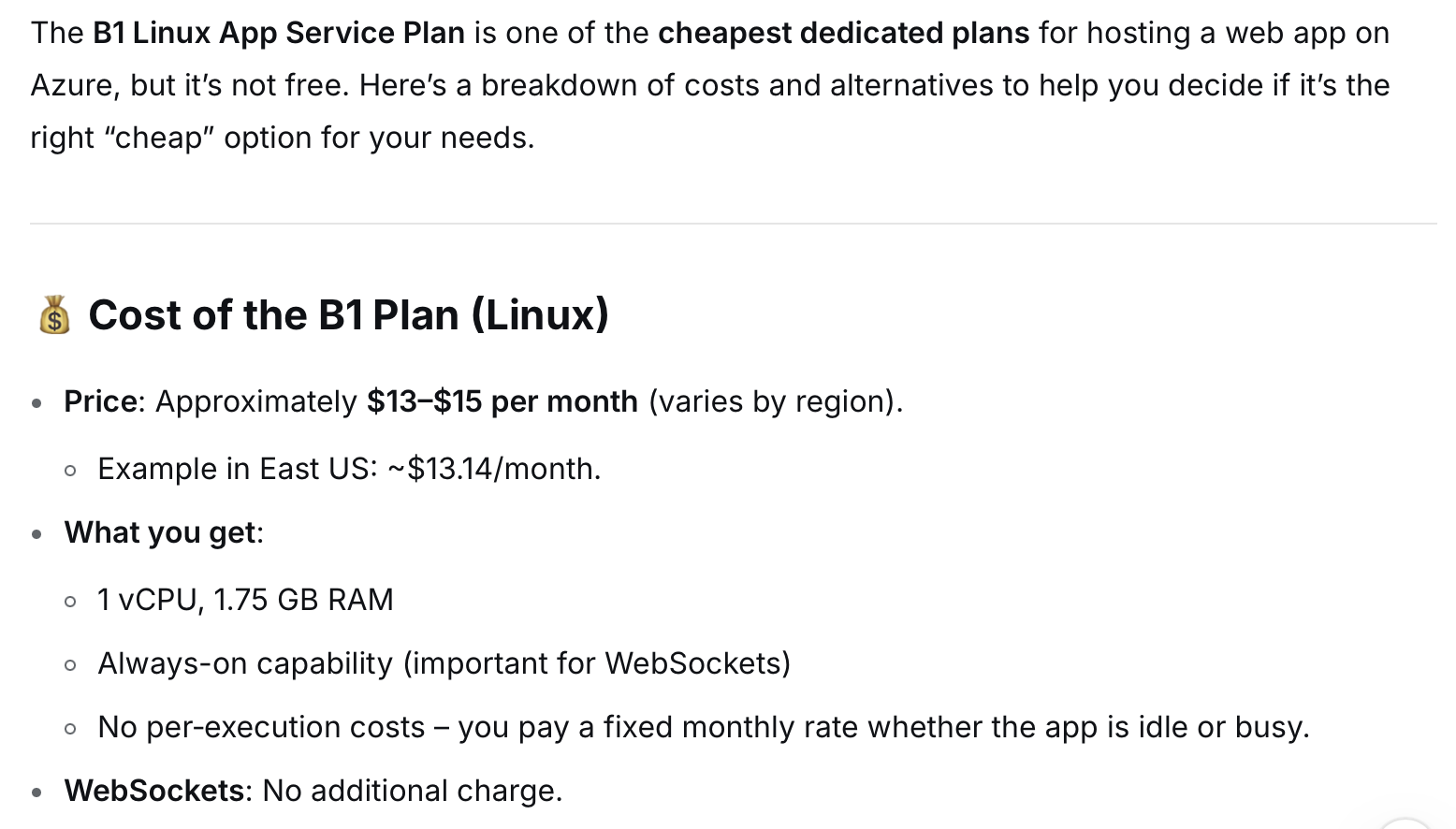 I read the cost breakdown — B1 plan ~$13-15/month with WebSocket support included