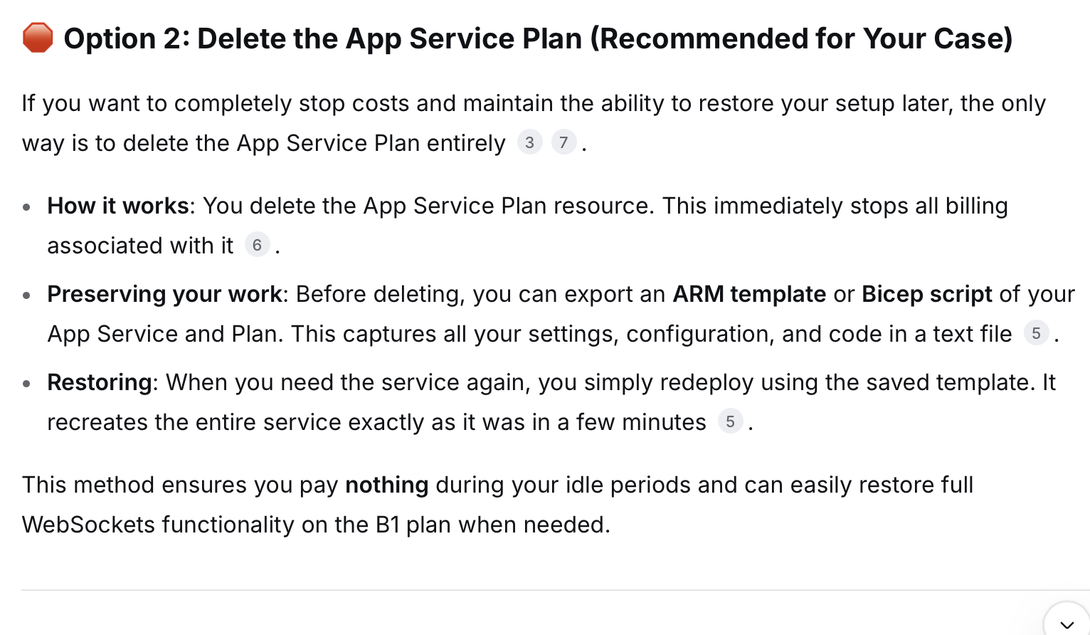 I read the cost-saving option — delete the App Service Plan to pause all billing
