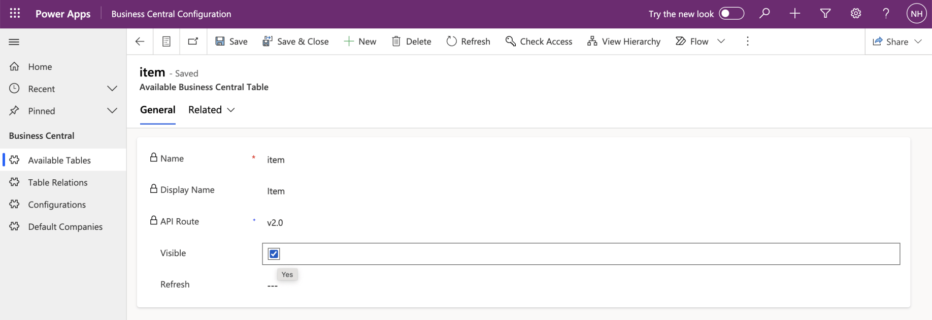 I made the Business Central Item table visible