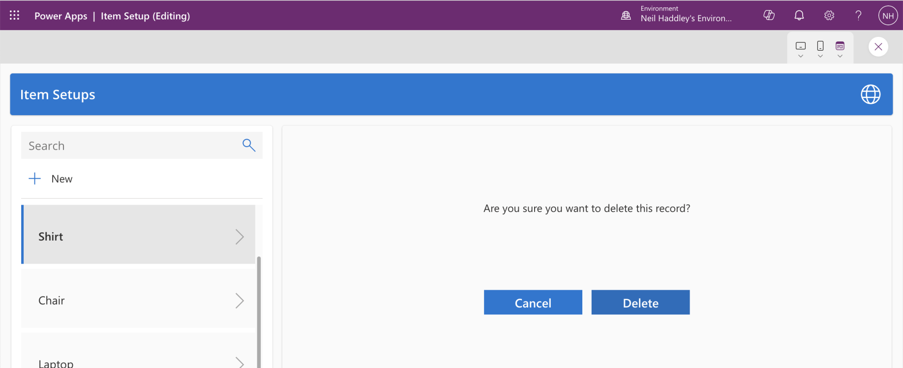 The item was added to Business Central and the user is prompted to confirm a delete