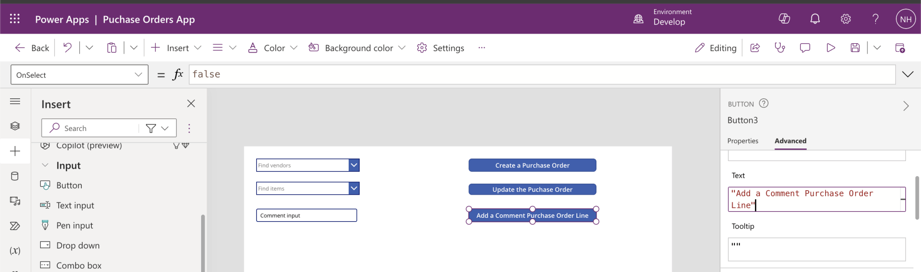 I added an "Add a Comment Purchase Order Line" Button