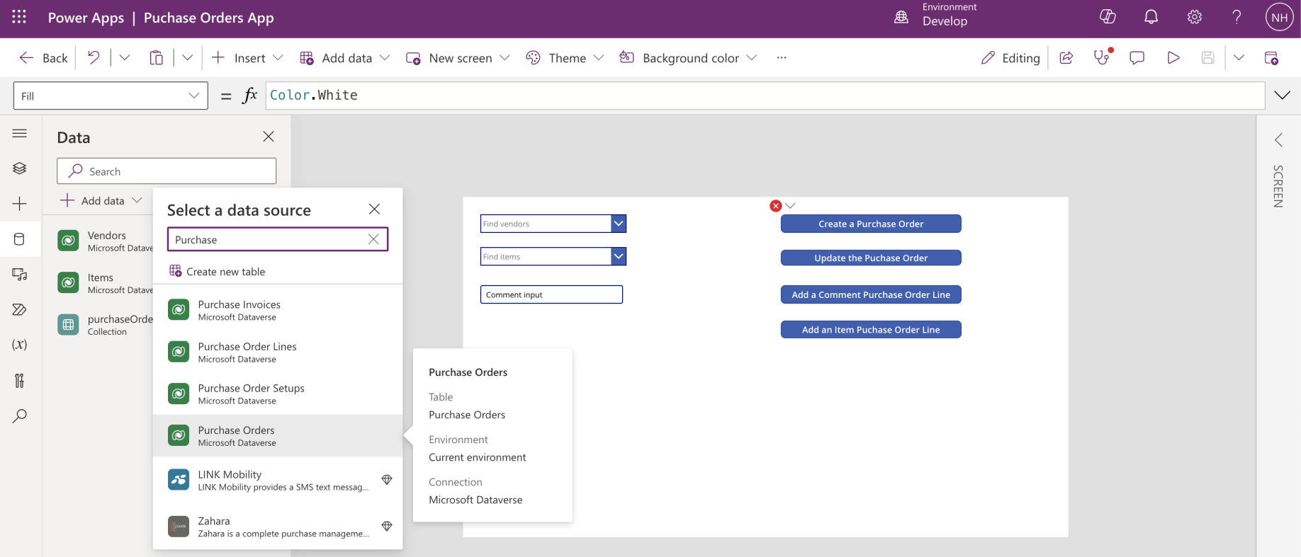 I added the Business Central "Purchase Orders" Table