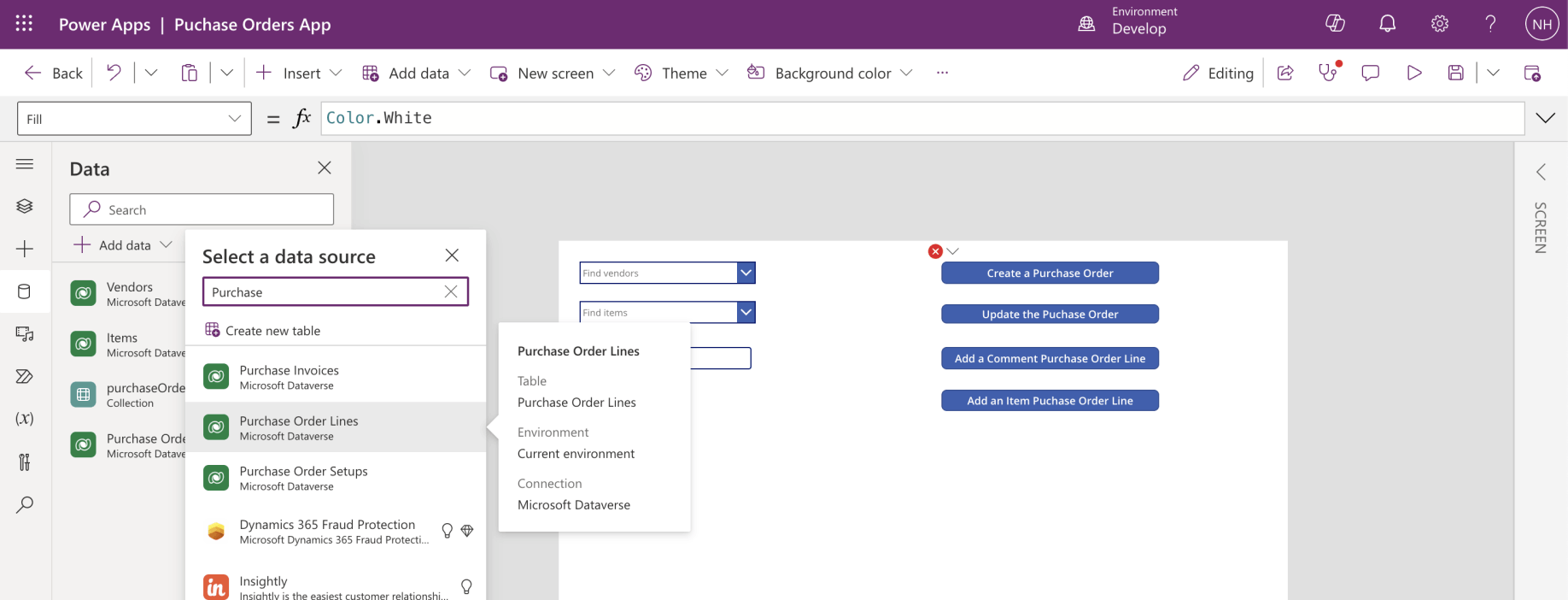 I added the Business Central "Purchase Order Lines" Table