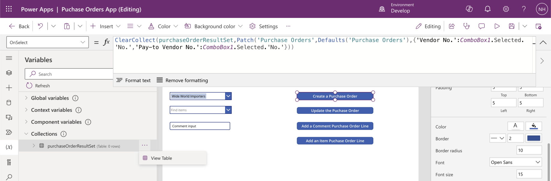 I added OnSelect code to the Create a Purchase Order button