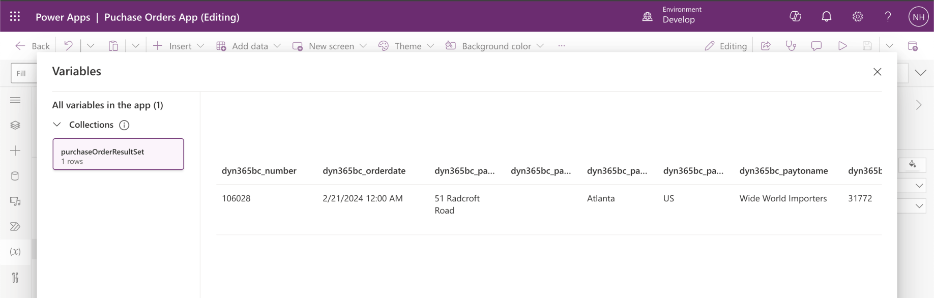 I reviewed the purchaseOrderResultSet collection returned (the single row)