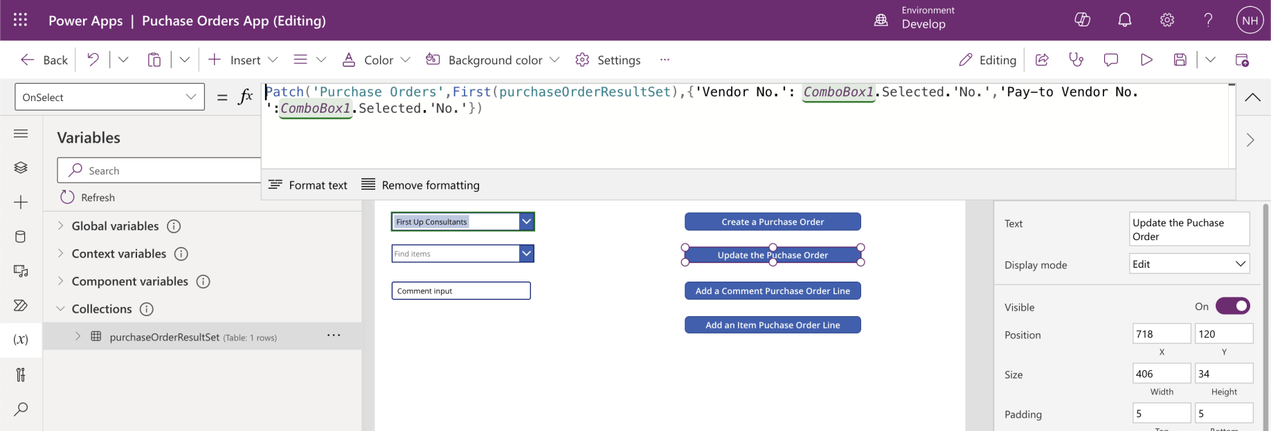 I added the OnSelect code to the "Update the Purchase Order" button
