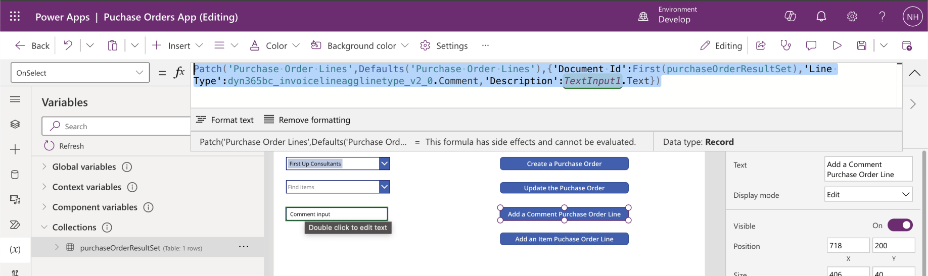 I added the OnSelect code to the "Add a Comment Purchase Order Line" button