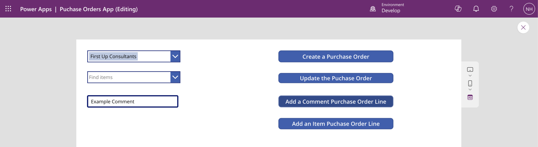 I entered "Example Comment" into the text input and clicked the "Add a Comment Purchase Order line" button