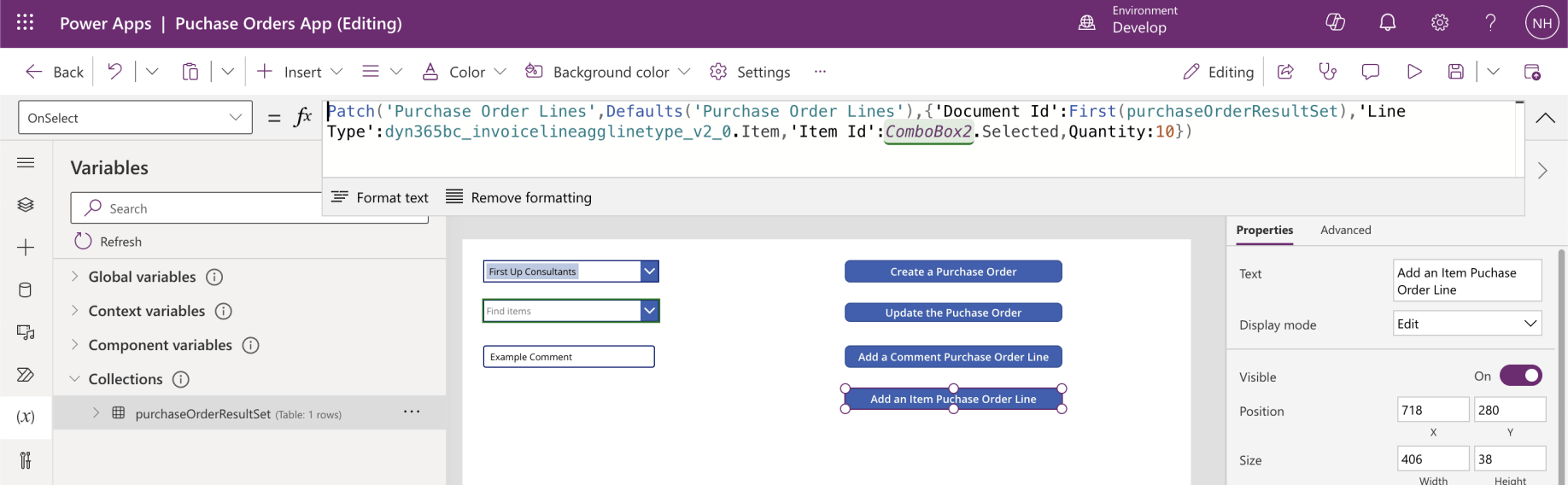 I added the OnSelect code to the "Add an Item Purchase Order Line" button