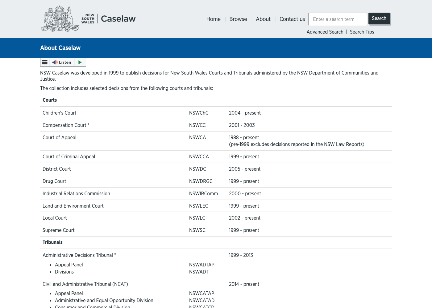 NSW Caselaw's own About page — the free, government-run case-law platform this app is grounded on