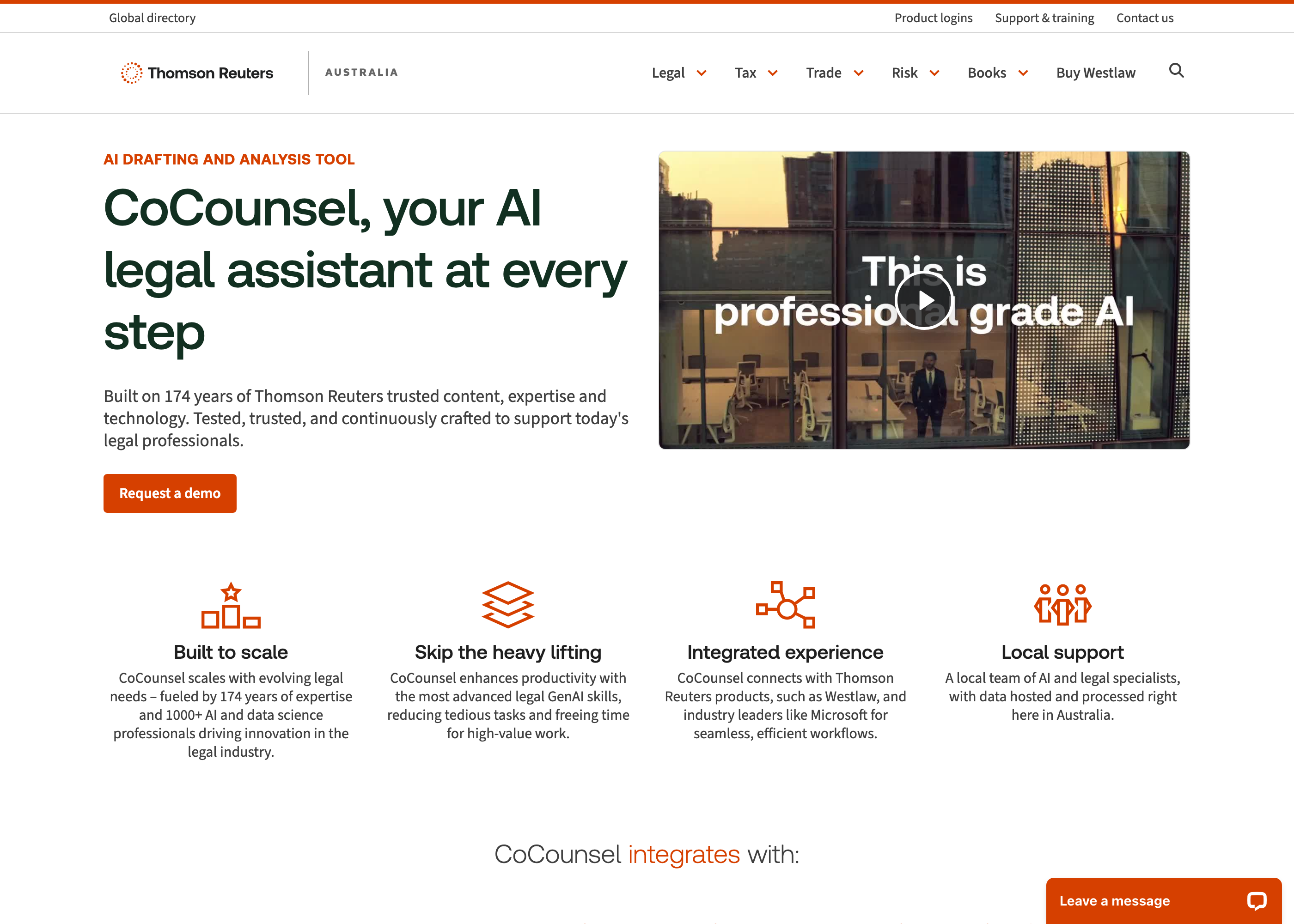 Thomson Reuters' own CoCounsel product page for the Australian market — the product this whole research effort is about