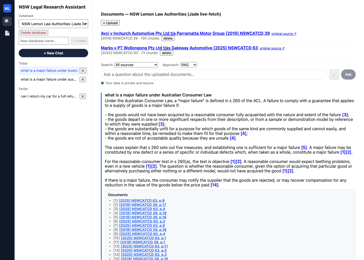 The genuine, live-rendered answer — every `[n]` marker a real clickable link, the "Documents" panel underneath listing all 15 real citations, exactly matching the JSON structure Part 8 traced