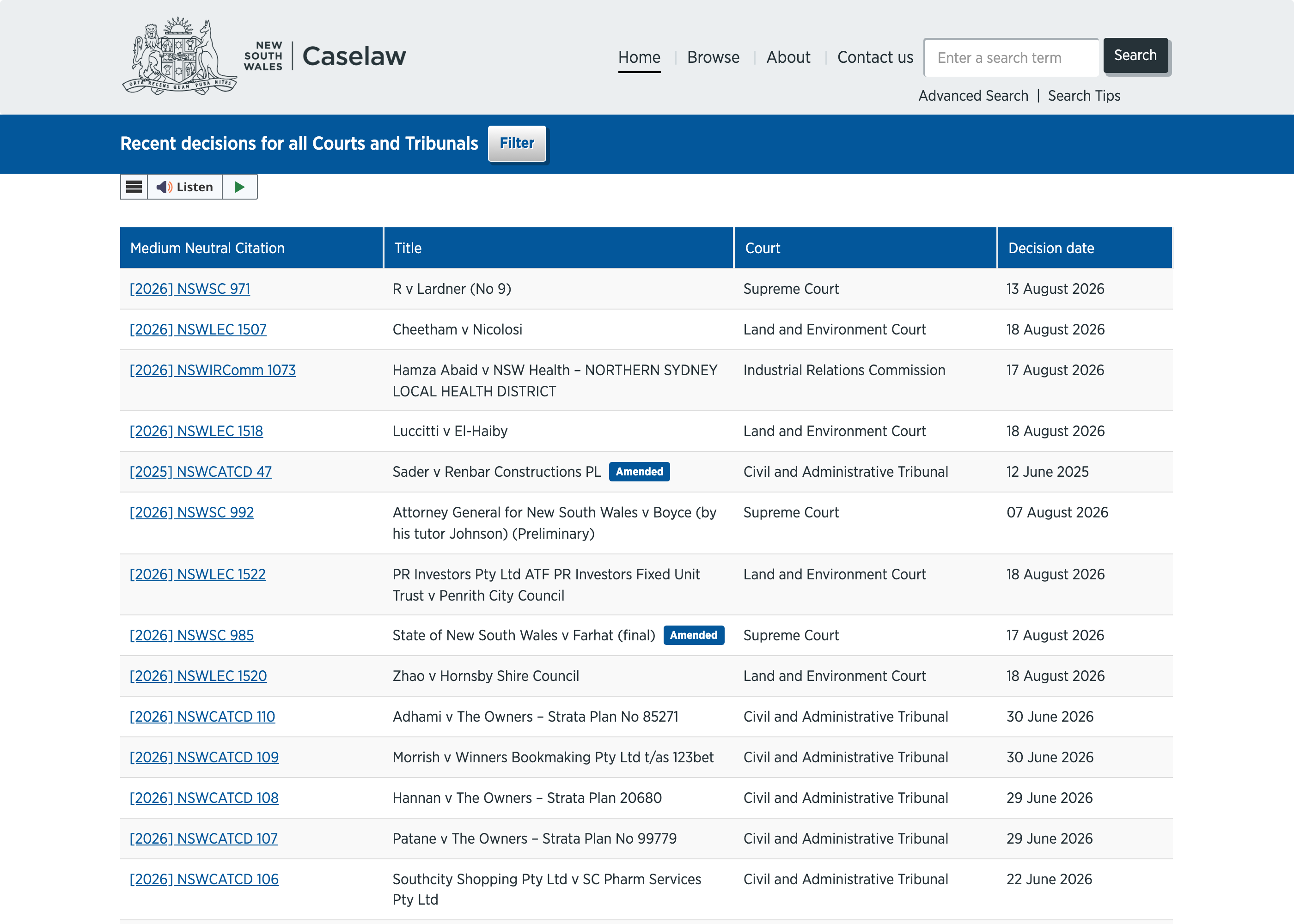 NSW Caselaw's own "recent decisions" list — and there's "Sader v Renbar Constructions PL", one of the two real cases I actually loaded into the app below