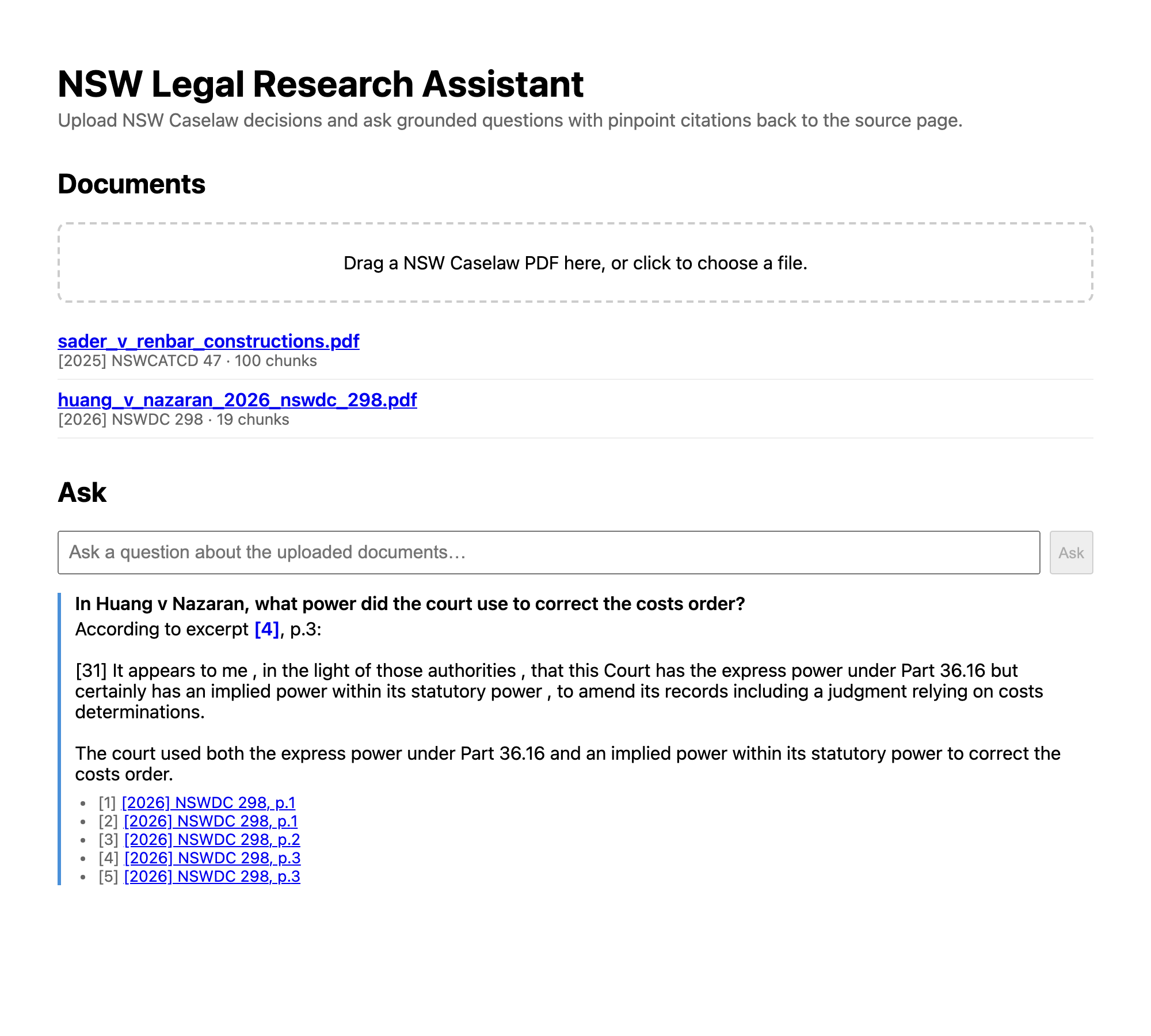 The actual app, live: two uploaded judgments, a real question, a grounded answer with a clickable pinpoint citation