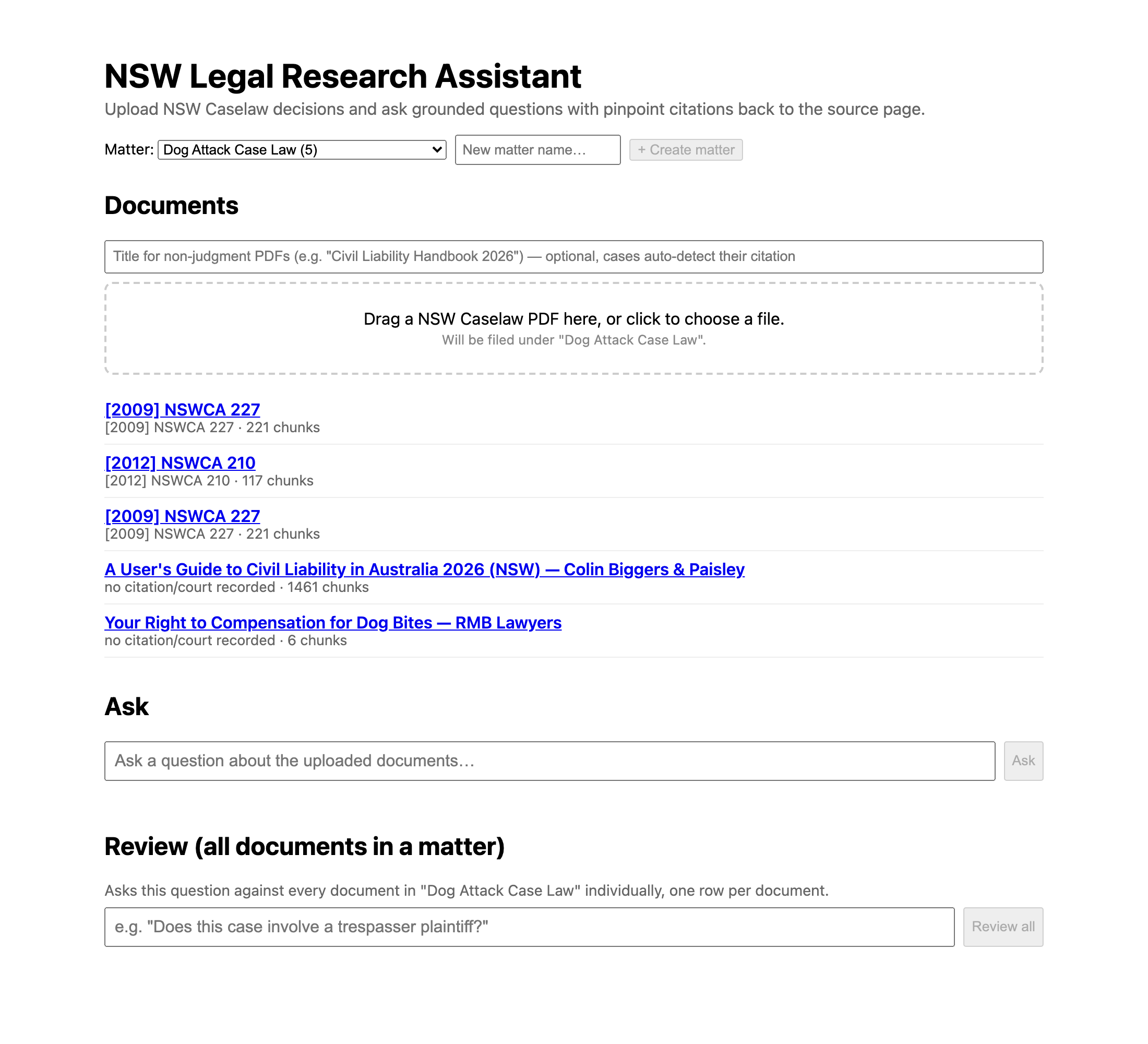 The app with a named matter selected — five documents, scoped research, not one undifferentiated pool