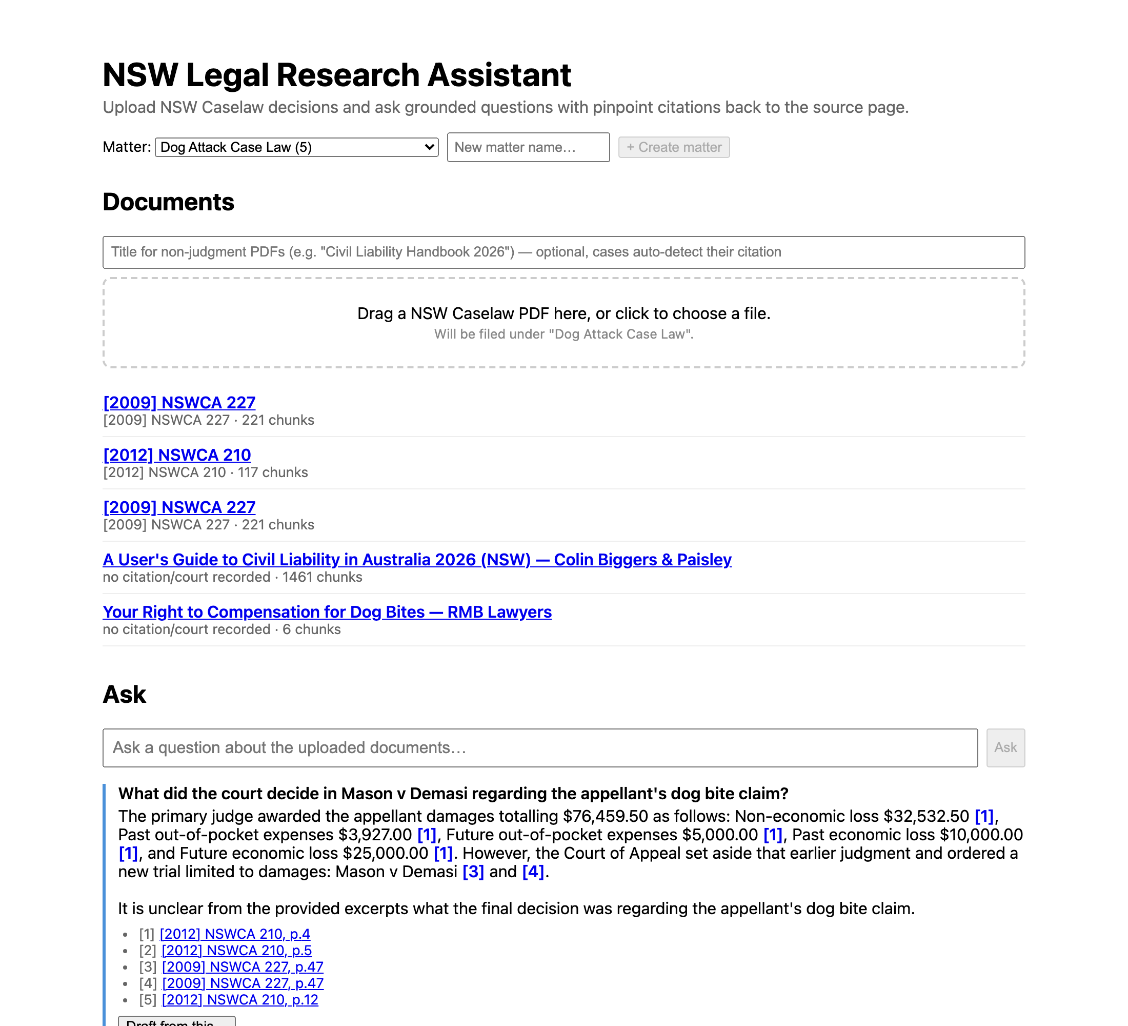 Grounded answer with five inline citation markers, each linking to a specific page of a specific document