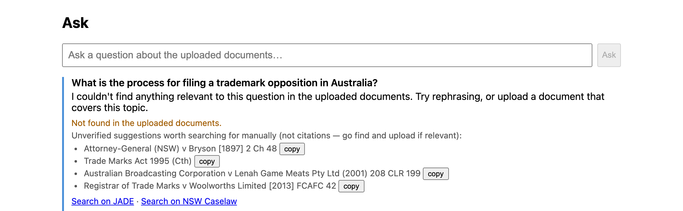grounded: false, shown explicitly, with clearly-labeled unverified suggestions below it