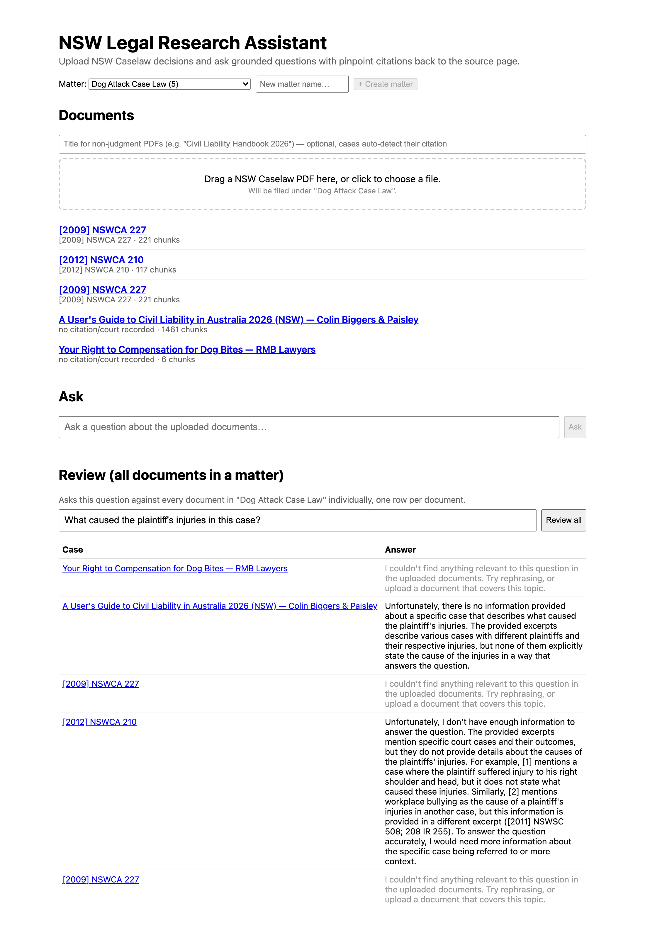 Review table, one row per document in the matter, run live against the same question