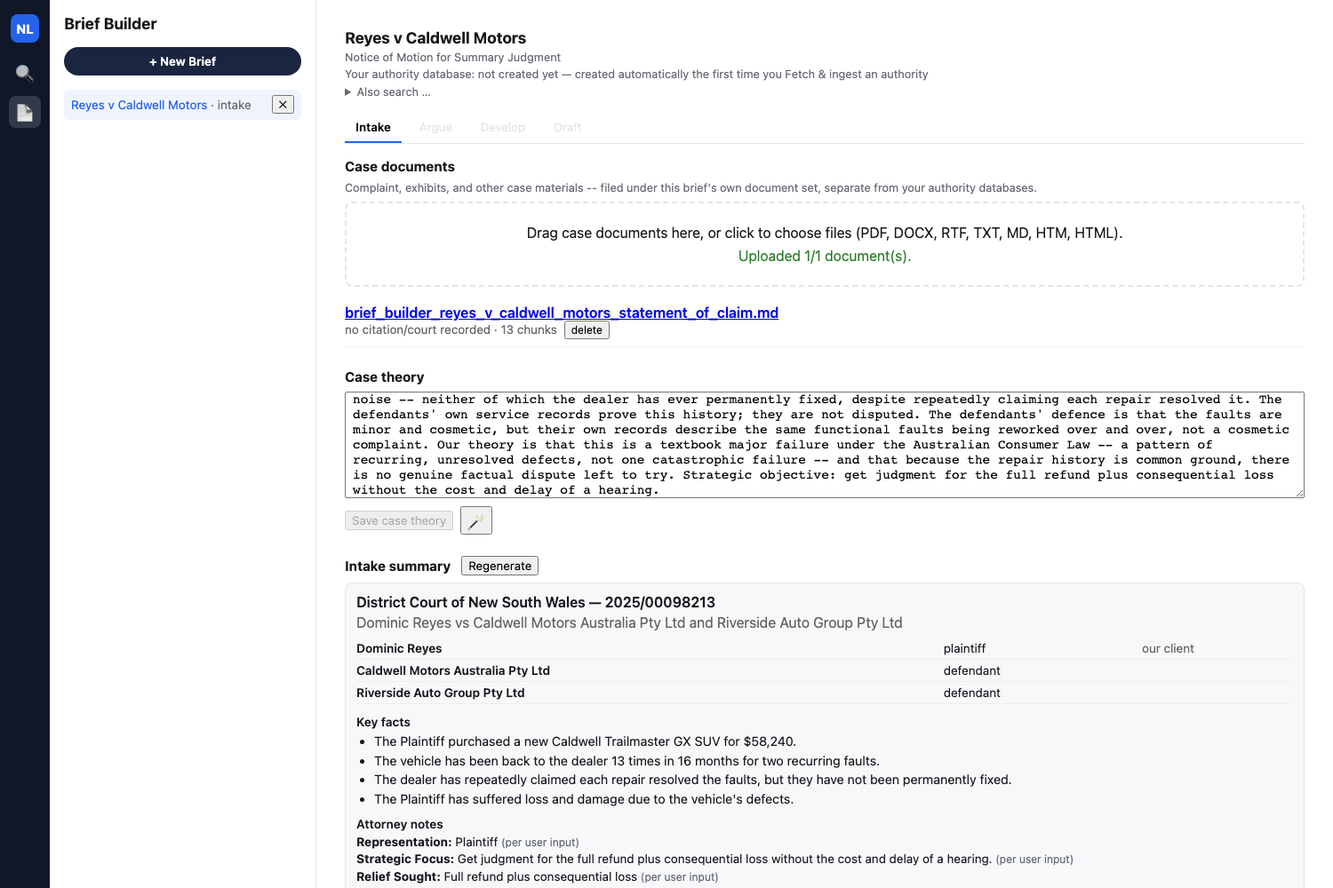 Full generated Intake Summary — caption, parties table, key facts, attorney notes