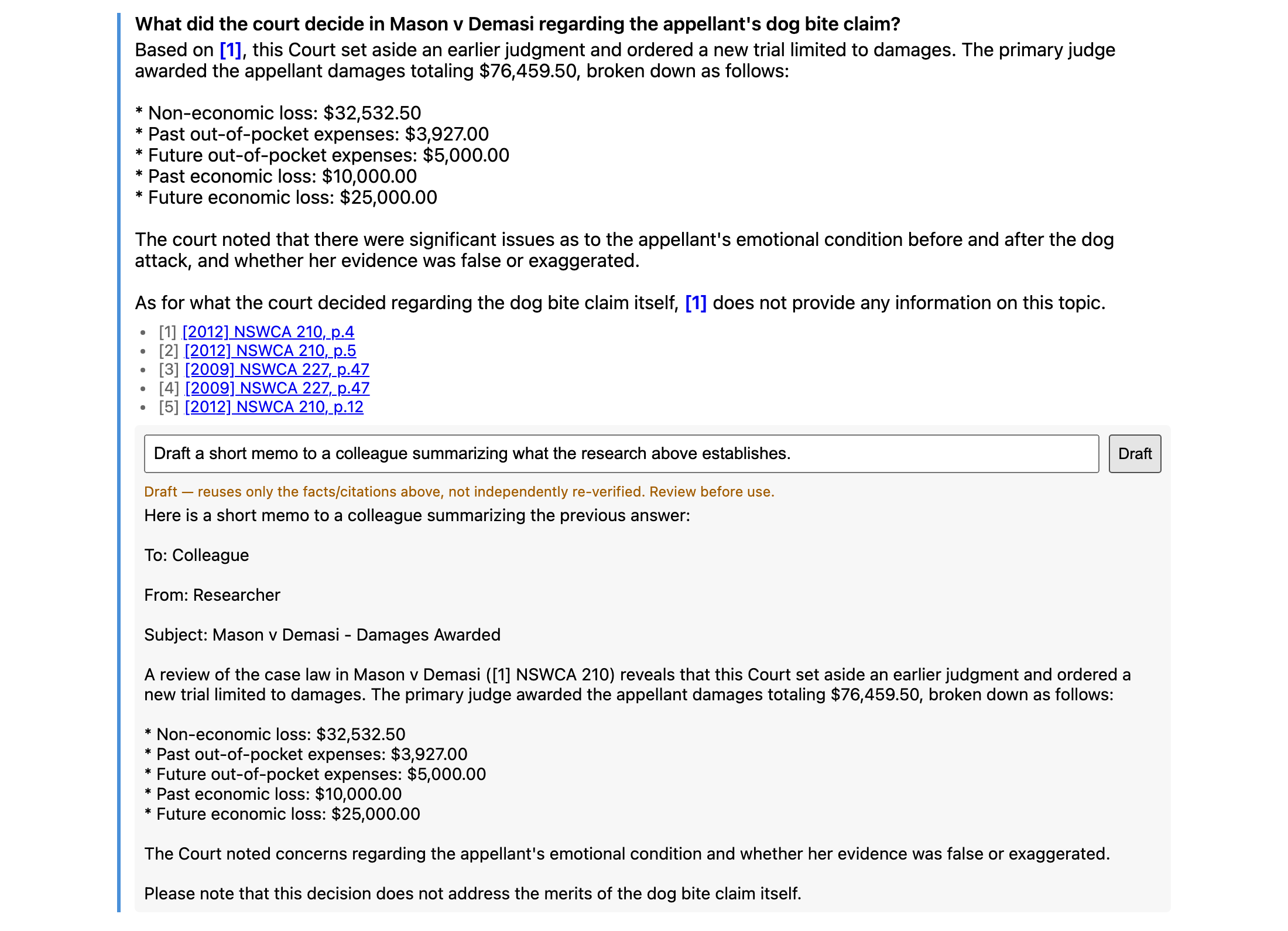 The drafted memo, reusing only the figures and facts already on screen, with a review-before-use disclaimer