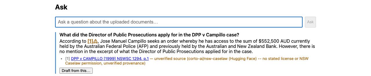 A citation from the bulk-import collection: an orange warning icon, dashed underline, and a link to the unverified source instead of a locally-stored PDF