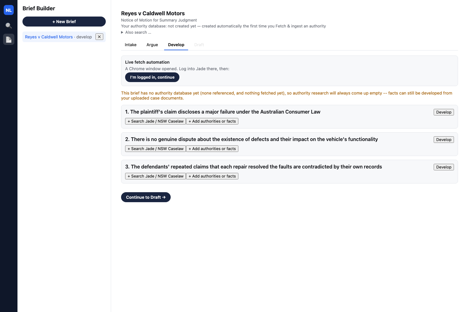 Develop tab before any authority has been fetched — three argument cards, no authority database yet