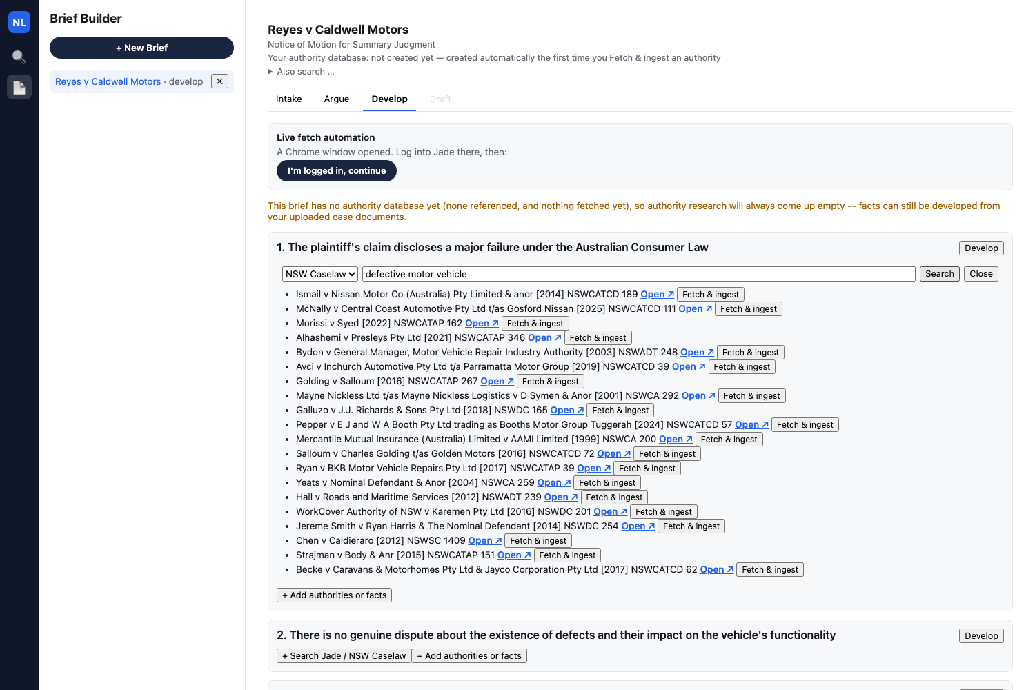 NSW Caselaw search results for "defective motor vehicle" — McNally as the second hit, every other result genuinely on-topic too