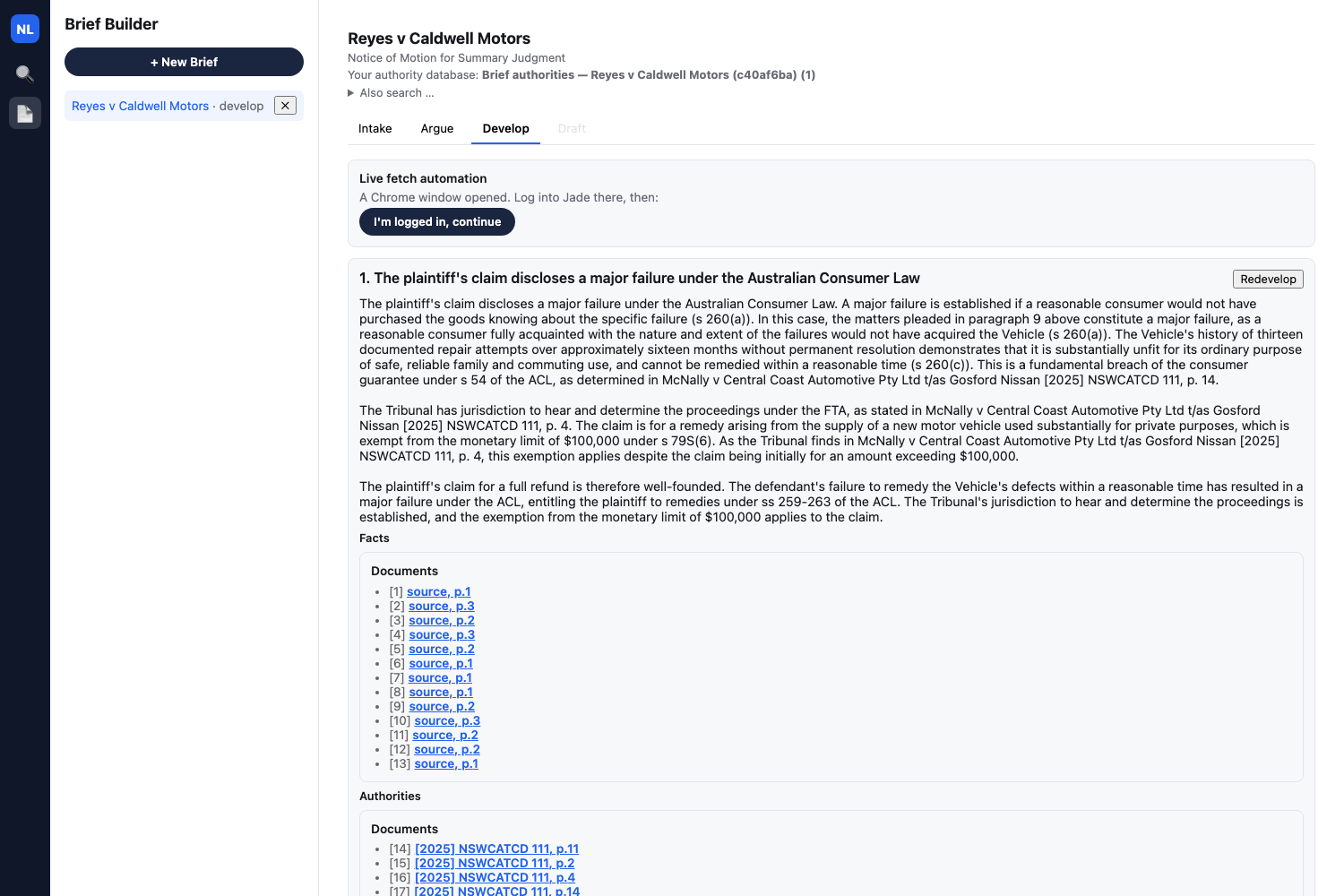Develop tab: authority database now shows (1), argument 1 auto-developed
