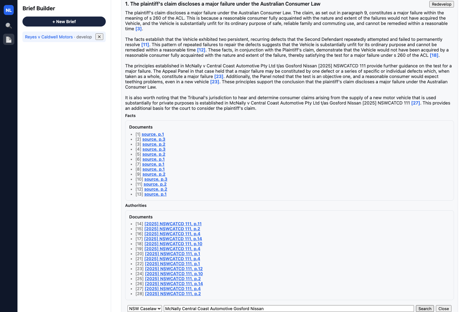 Argument 1's grounded reasoning again, and a search panel showing "✓ Already ingested" for a lead already in this brief's authority database