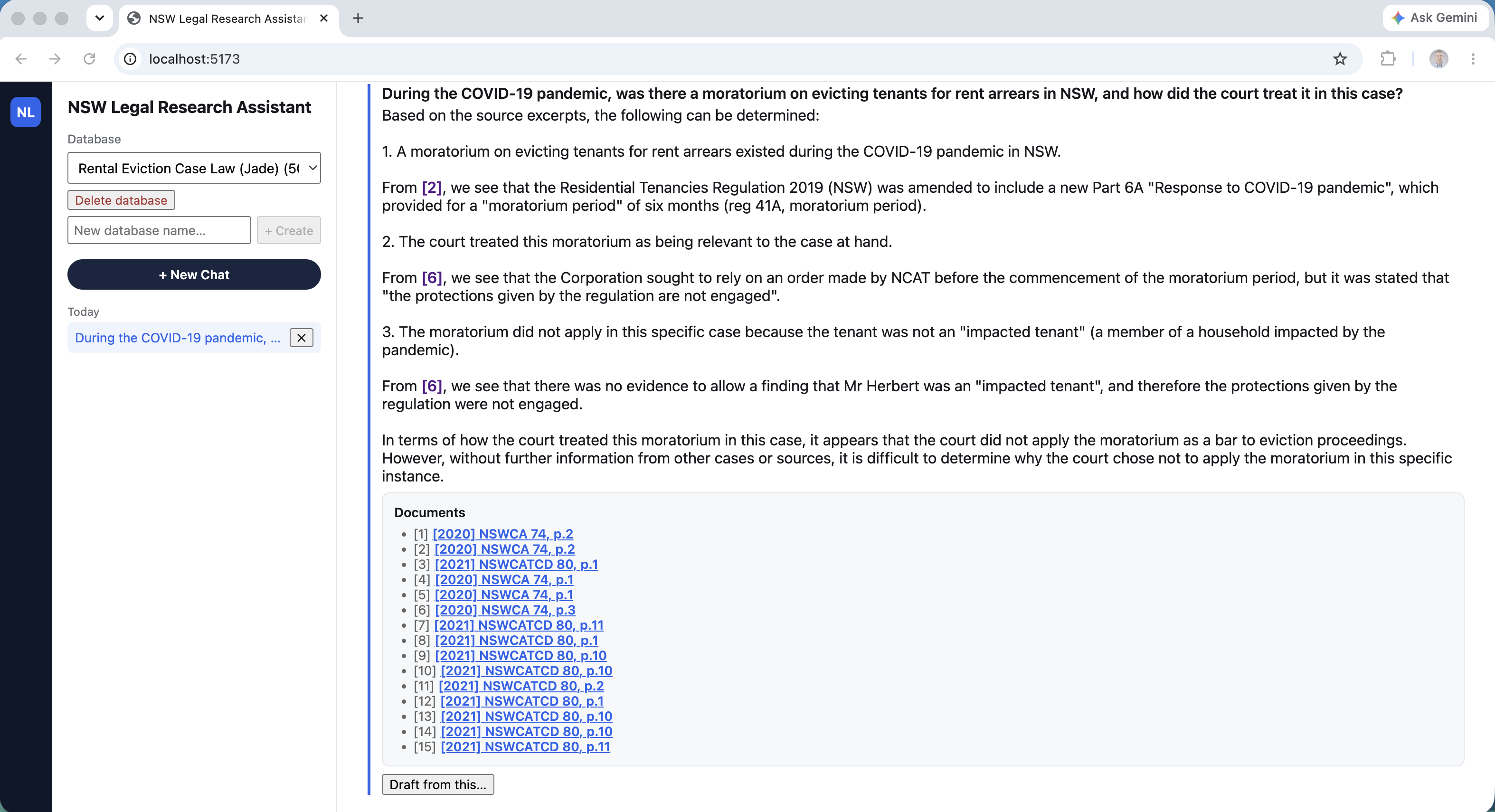 Grounded answer with fifteen inline citation markers across two documents, each linking to a specific page of a specific document