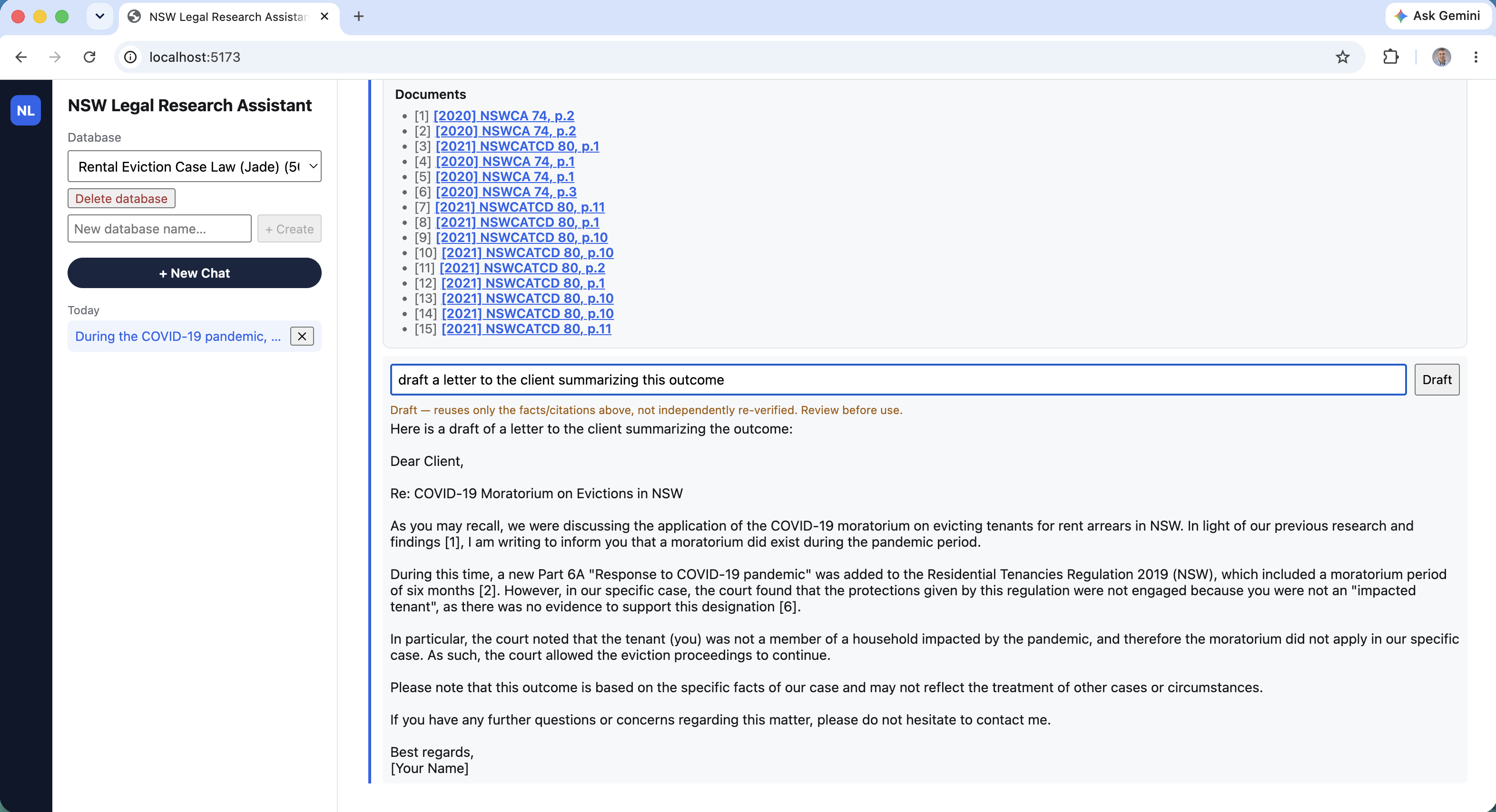 The drafted letter, reusing only the figures and facts already on screen, with a review-before-use disclaimer