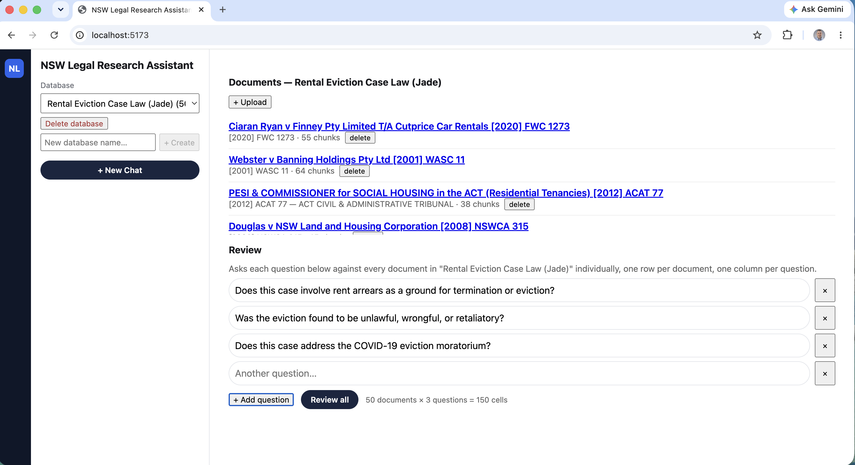Three questions queued against the Rental Eviction Case Law (Jade) database — 50 documents × 3 questions